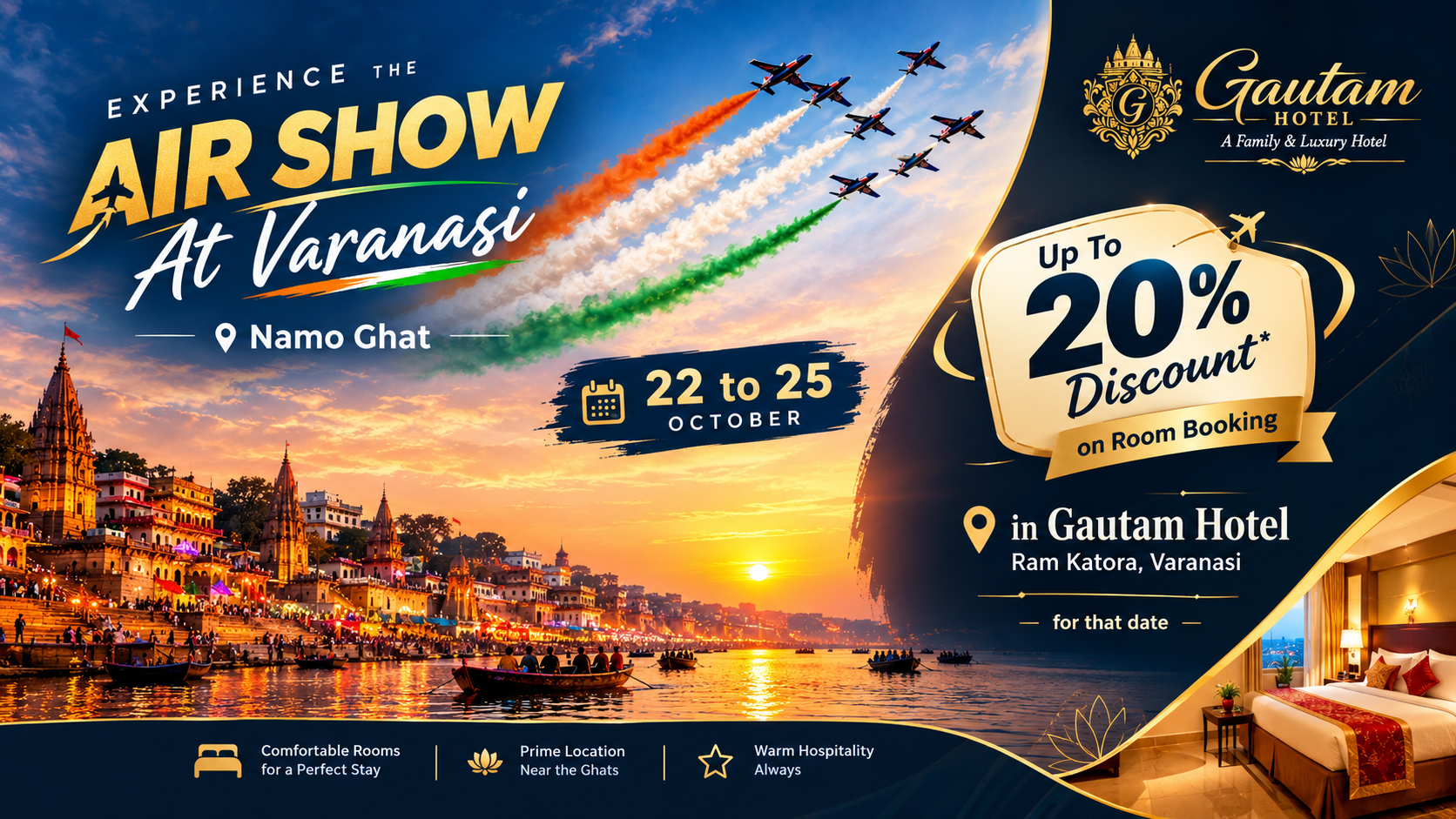 Air Show at Namoh Ghat, Varanasi on 22 to 25 October. Get Upto 20% discount on room booking at Gautam Hotel.